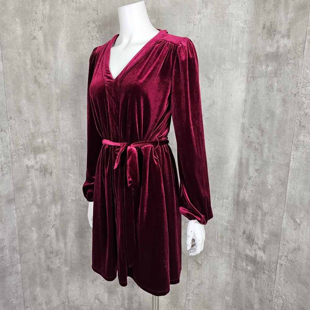 Draper James Womens S Wine Red Bishop L/S Belted Velvet Dress VNeck Mini Dress - Picture 6 of 10